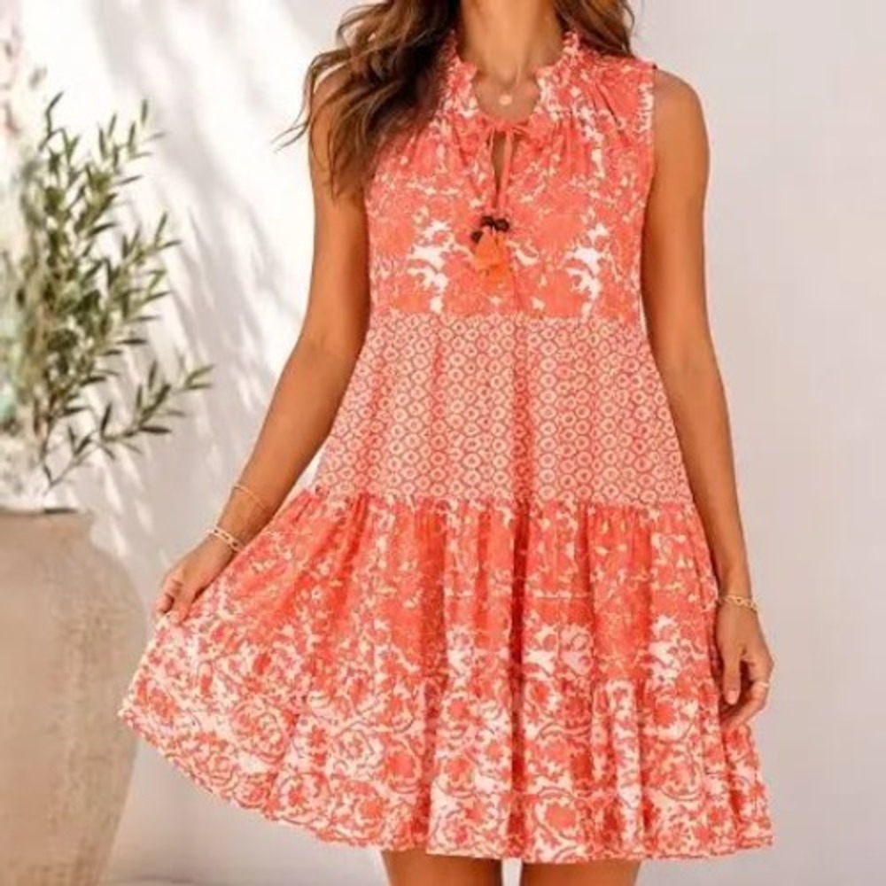 Chelsea & Theodore Coral Floral Sleeveless Mini Dress